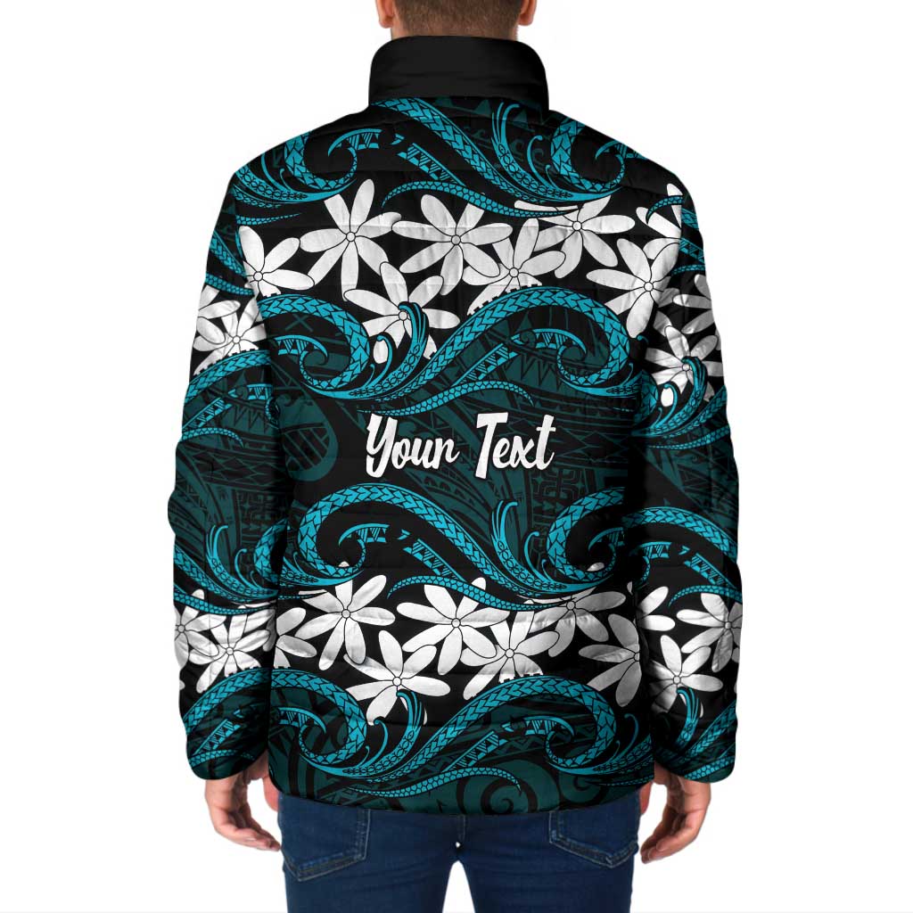 Personalised Cook Islands Penrhyn Atoll Padded Jacket Tiare Maori Polynesian Waves Tattoo