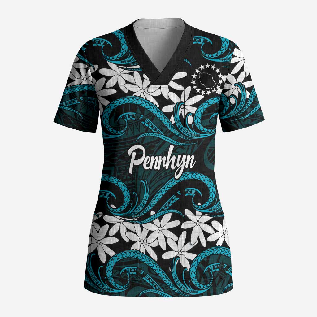 Personalised Cook Islands Penrhyn Atoll Scrub Top Tiare Maori Polynesian Waves Tattoo