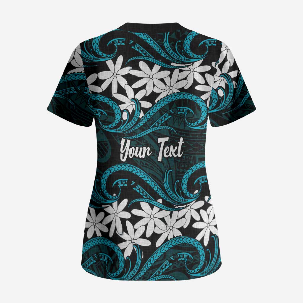 Personalised Cook Islands Penrhyn Atoll Scrub Top Tiare Maori Polynesian Waves Tattoo