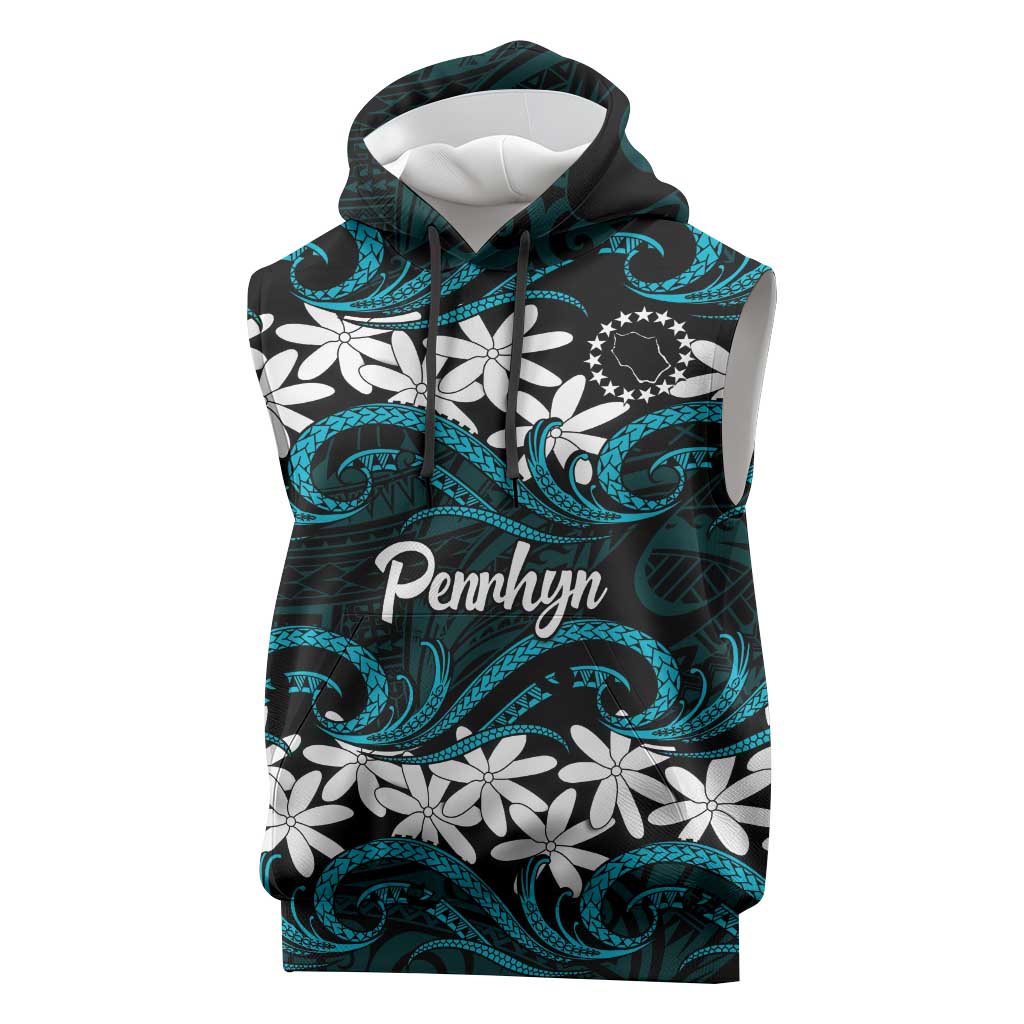 Personalised Cook Islands Penrhyn Atoll Sleeveless Hoodie Tiare Maori Polynesian Waves Tattoo