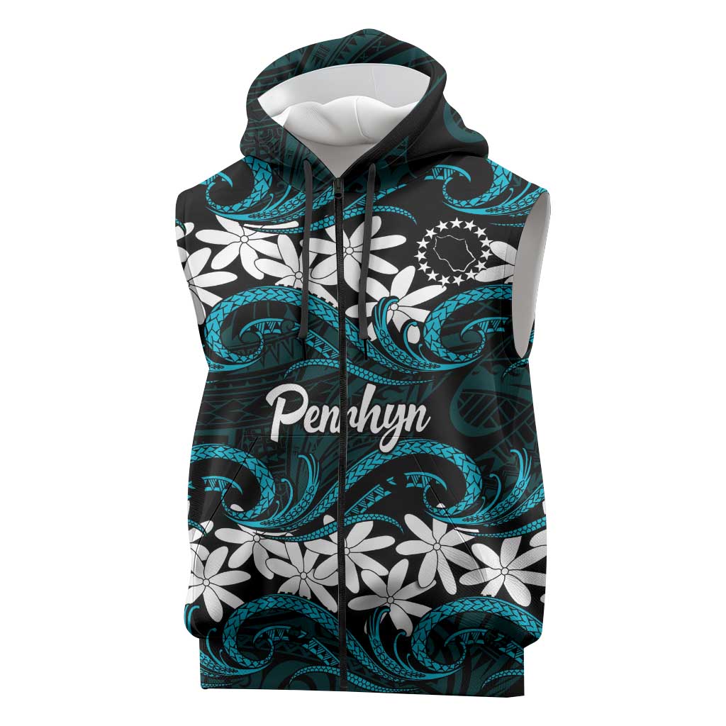Personalised Cook Islands Penrhyn Atoll Sleeveless Zip Hoodie Tiare Maori Polynesian Waves Tattoo LT14 Blue - Polynesian Pride