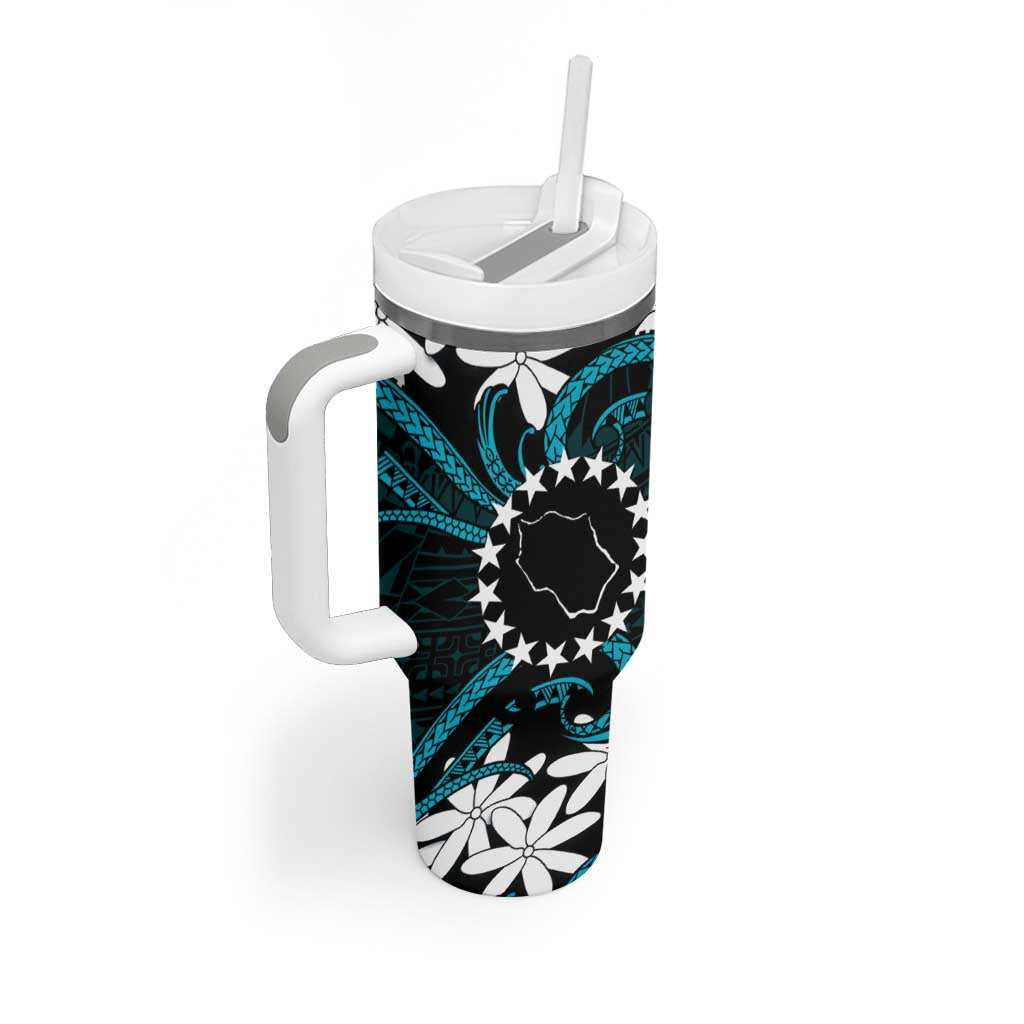 Personalised Cook Islands Penrhyn Atoll Tumbler With Handle Tiare Maori Polynesian Waves Tattoo