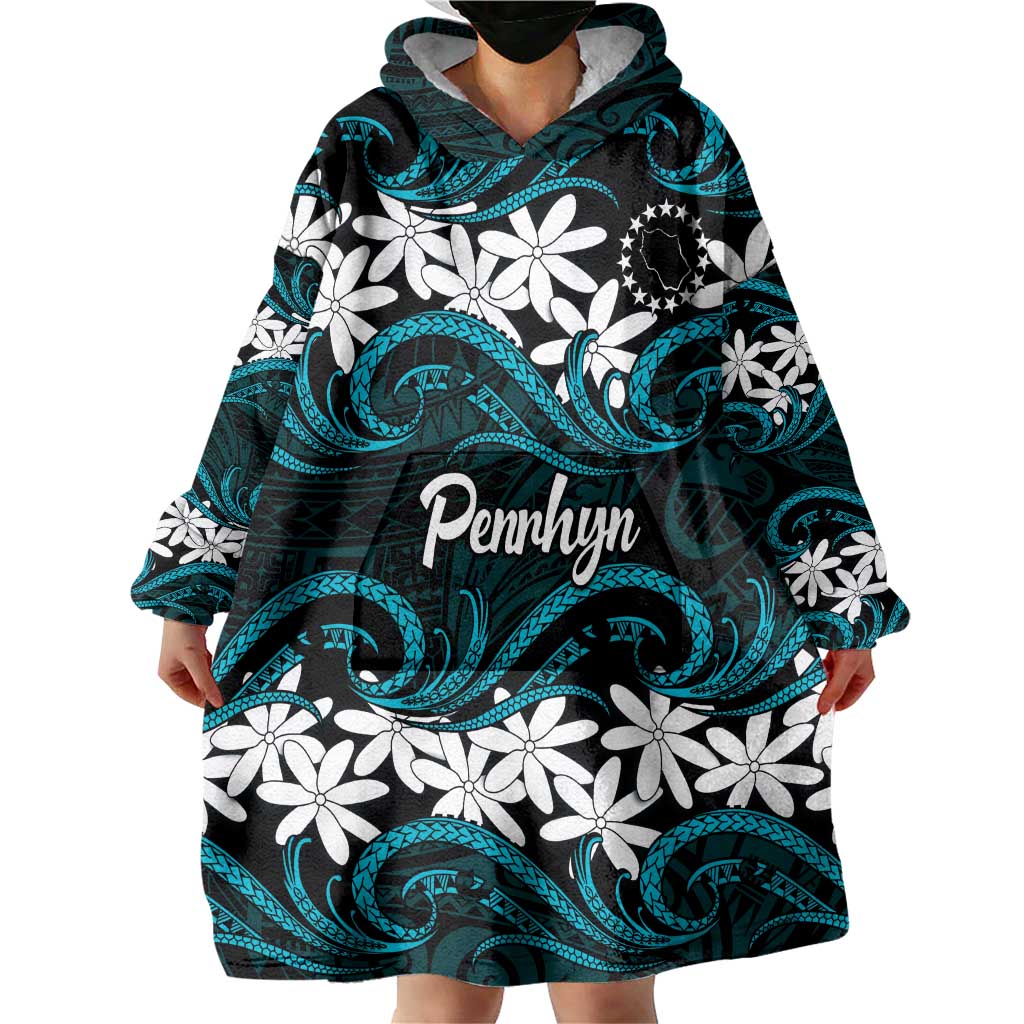 Personalised Cook Islands Penrhyn Atoll Wearable Blanket Hoodie Tiare Maori Polynesian Waves Tattoo LT14 - Polynesian Pride