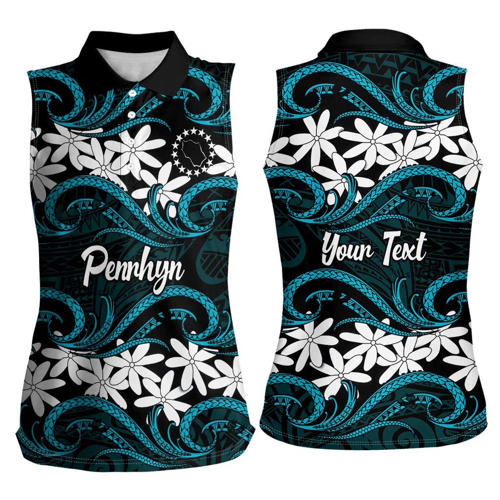 Personalised Cook Islands Penrhyn Atoll Women Sleeveless Polo Shirt Tiare Maori Polynesian Waves Tattoo LT14 - Polynesian Pride