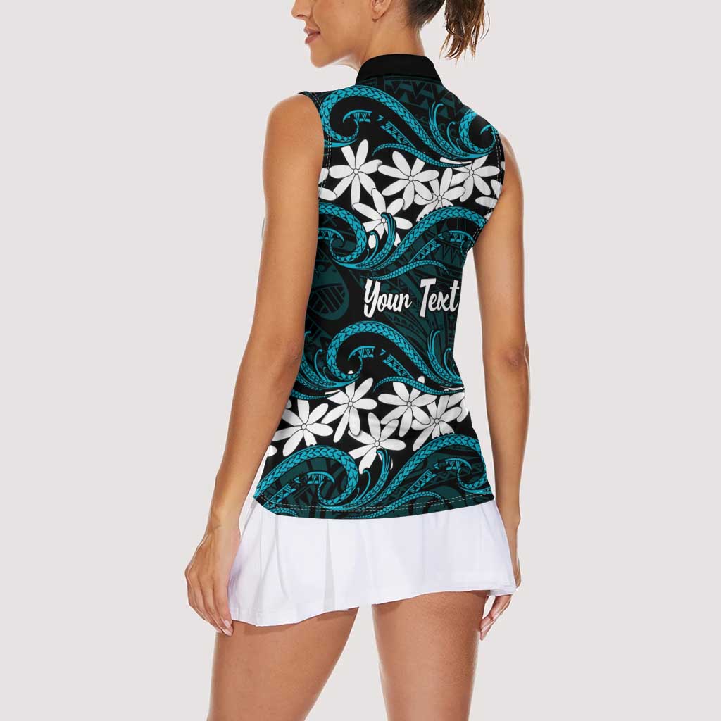 Personalised Cook Islands Penrhyn Atoll Women Sleeveless Polo Shirt Tiare Maori Polynesian Waves Tattoo LT14 - Polynesian Pride