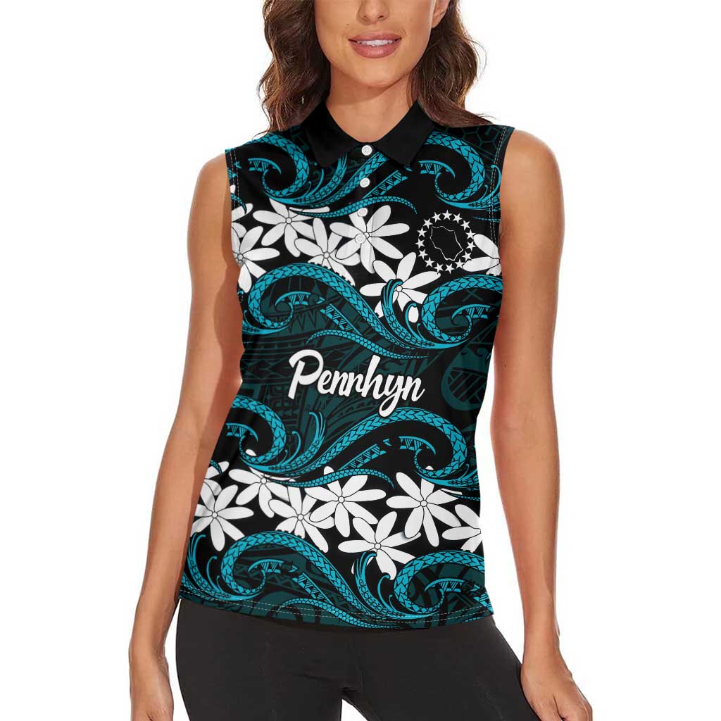 Personalised Cook Islands Penrhyn Atoll Women Sleeveless Polo Shirt Tiare Maori Polynesian Waves Tattoo LT14 - Polynesian Pride