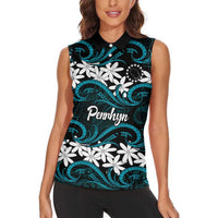 Personalised Cook Islands Penrhyn Atoll Women Sleeveless Polo Shirt Tiare Maori Polynesian Waves Tattoo LT14 - Polynesian Pride