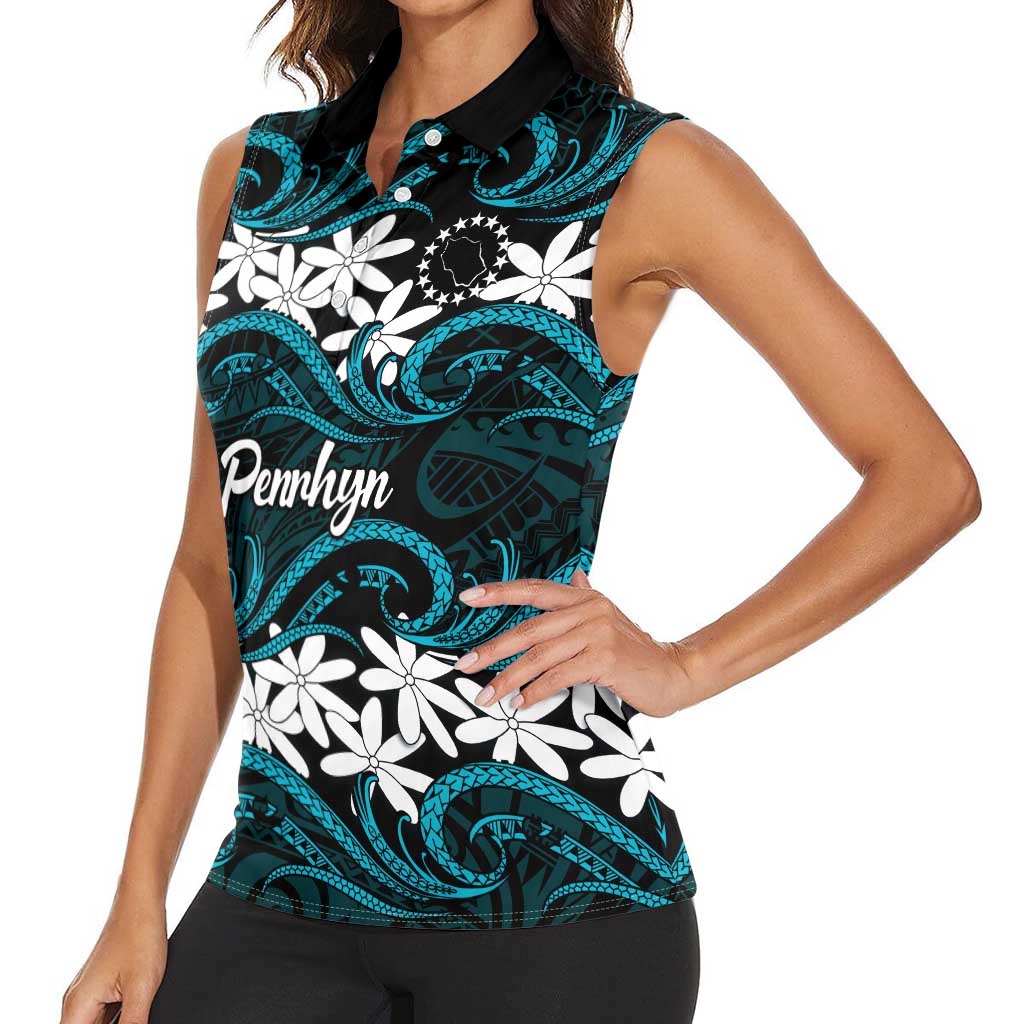 Personalised Cook Islands Penrhyn Atoll Women Sleeveless Polo Shirt Tiare Maori Polynesian Waves Tattoo LT14 - Polynesian Pride