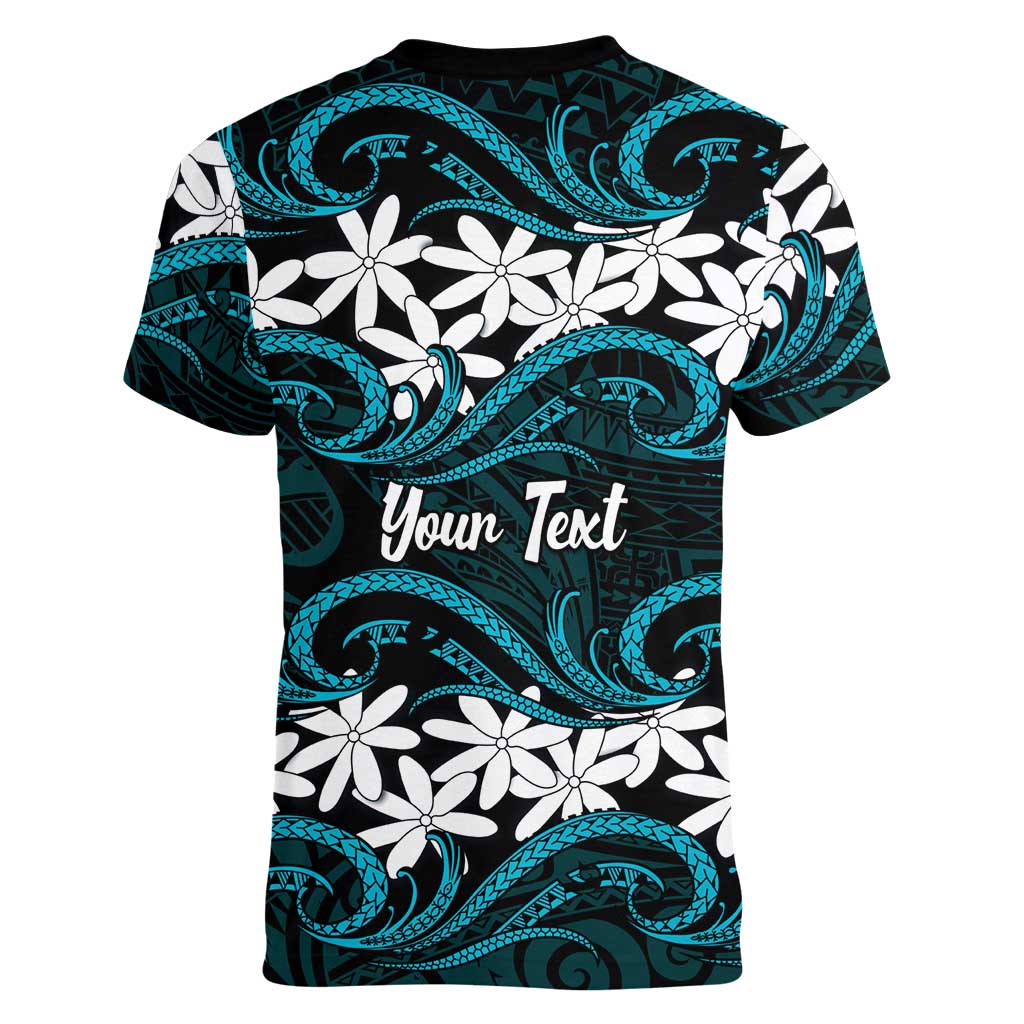 Personalised Cook Islands Penrhyn Atoll Women V-Neck T-Shirt Tiare Maori Polynesian Waves Tattoo LT14 - Polynesian Pride