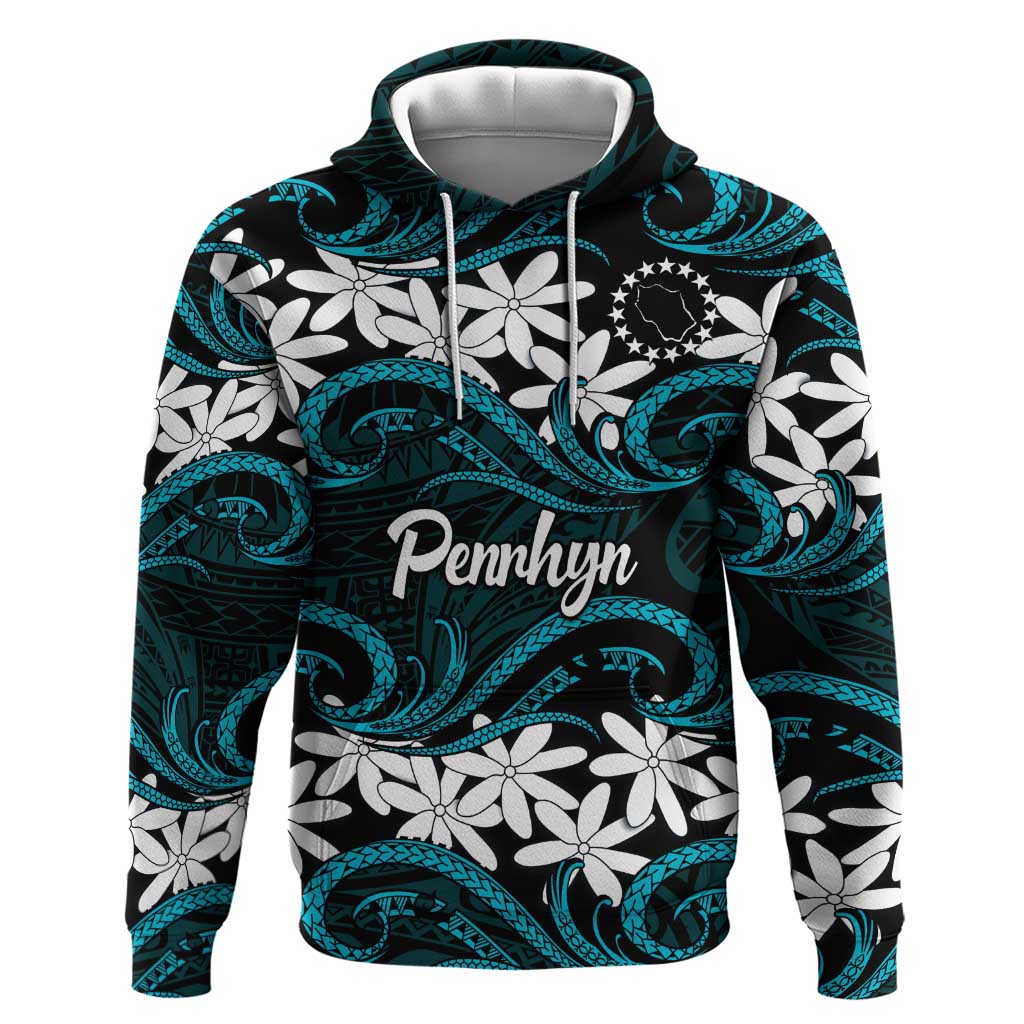 Personalised Cook Islands Penrhyn Atoll Zip Hoodie Tiare Maori Polynesian Waves Tattoo