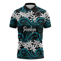 Personalised Cook Islands Penrhyn Atoll Zipper Polo Shirt Tiare Maori Polynesian Waves Tattoo LT14 Blue - Polynesian Pride