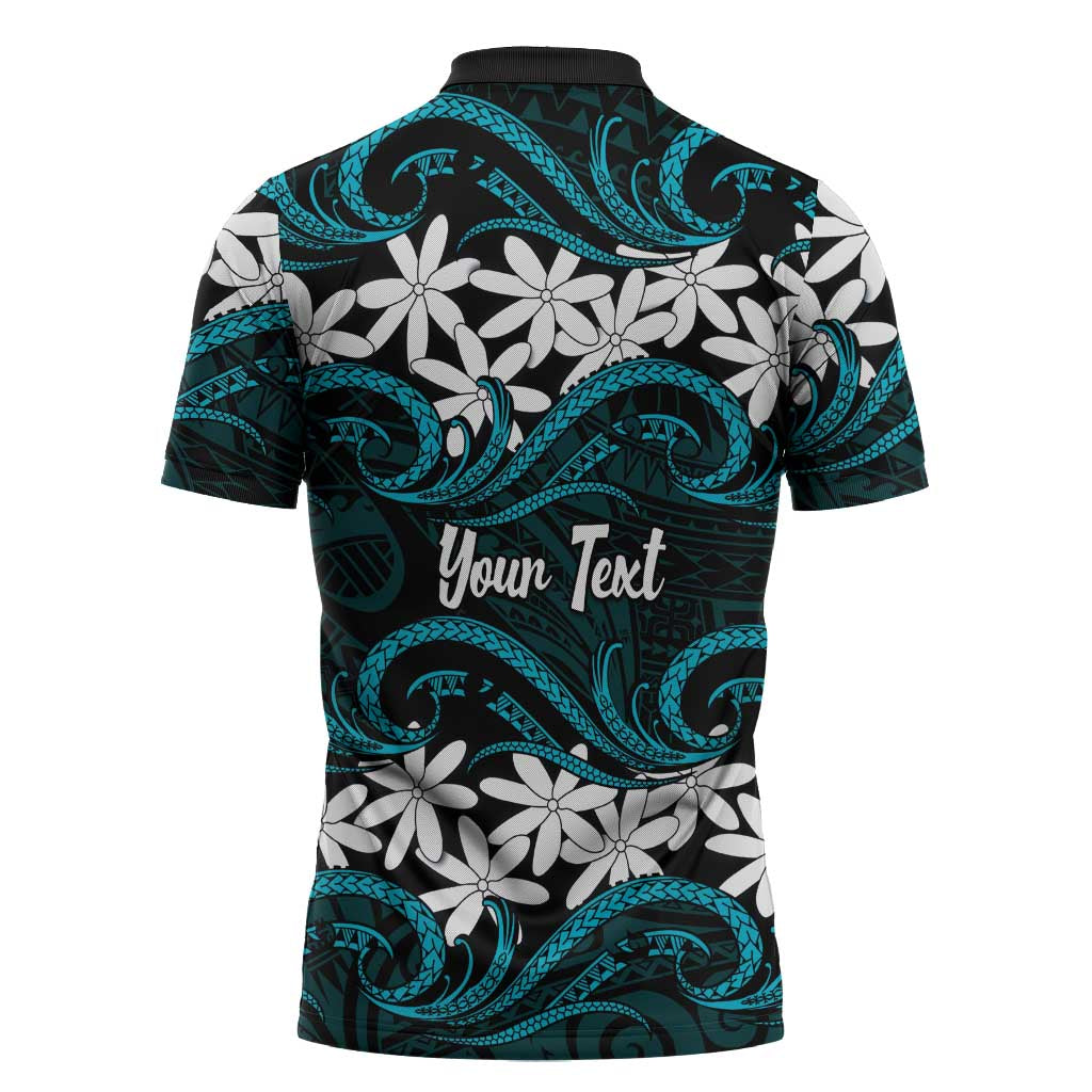 Personalised Cook Islands Penrhyn Atoll Zipper Polo Shirt Tiare Maori Polynesian Waves Tattoo LT14 - Polynesian Pride
