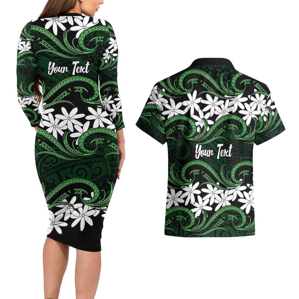 Personalised Cook Islands Mitiaro Couples Matching Long Sleeve Bodycon Dress and Hawaiian Shirt Tiare Maori Polynesian Waves Tattoo LT14 - Polynesian Pride