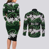Personalised Cook Islands Mitiaro Couples Matching Long Sleeve Bodycon Dress and Long Sleeve Button Shirt Tiare Maori Polynesian Waves Tattoo LT14 - Polynesian Pride