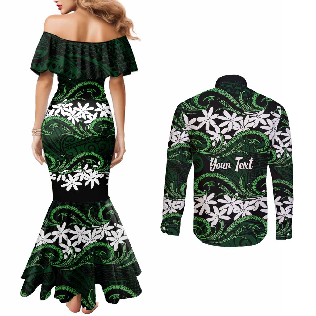 Personalised Cook Islands Mitiaro Couples Matching Mermaid Dress and Long Sleeve Button Shirt Tiare Maori Polynesian Waves Tattoo LT14 - Polynesian Pride