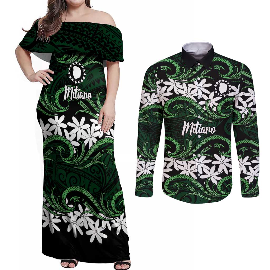 Personalised Cook Islands Mitiaro Couples Matching Off Shoulder Maxi Dress and Long Sleeve Button Shirt Tiare Maori Polynesian Waves Tattoo LT14 Green - Polynesian Pride