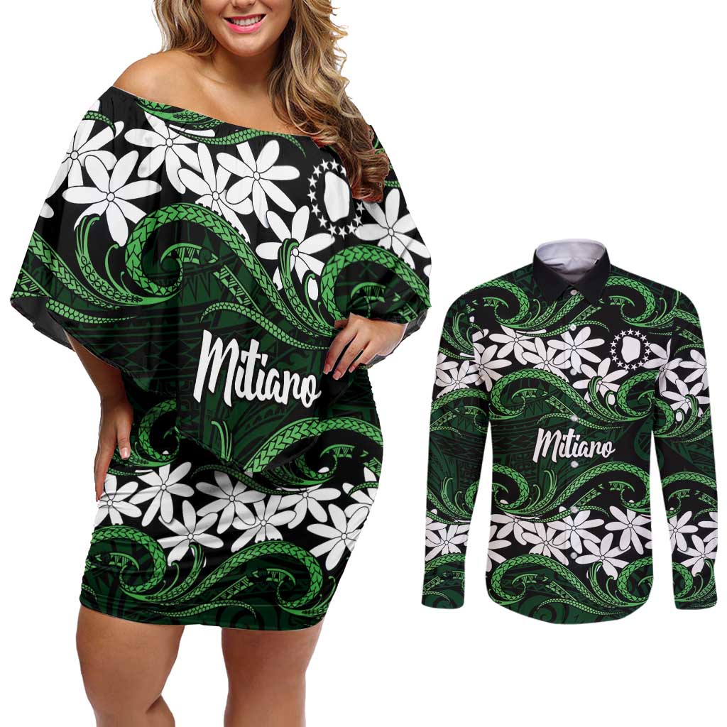 Personalised Cook Islands Mitiaro Couples Matching Off Shoulder Short Dress and Long Sleeve Button Shirt Tiare Maori Polynesian Waves Tattoo LT14 Green - Polynesian Pride