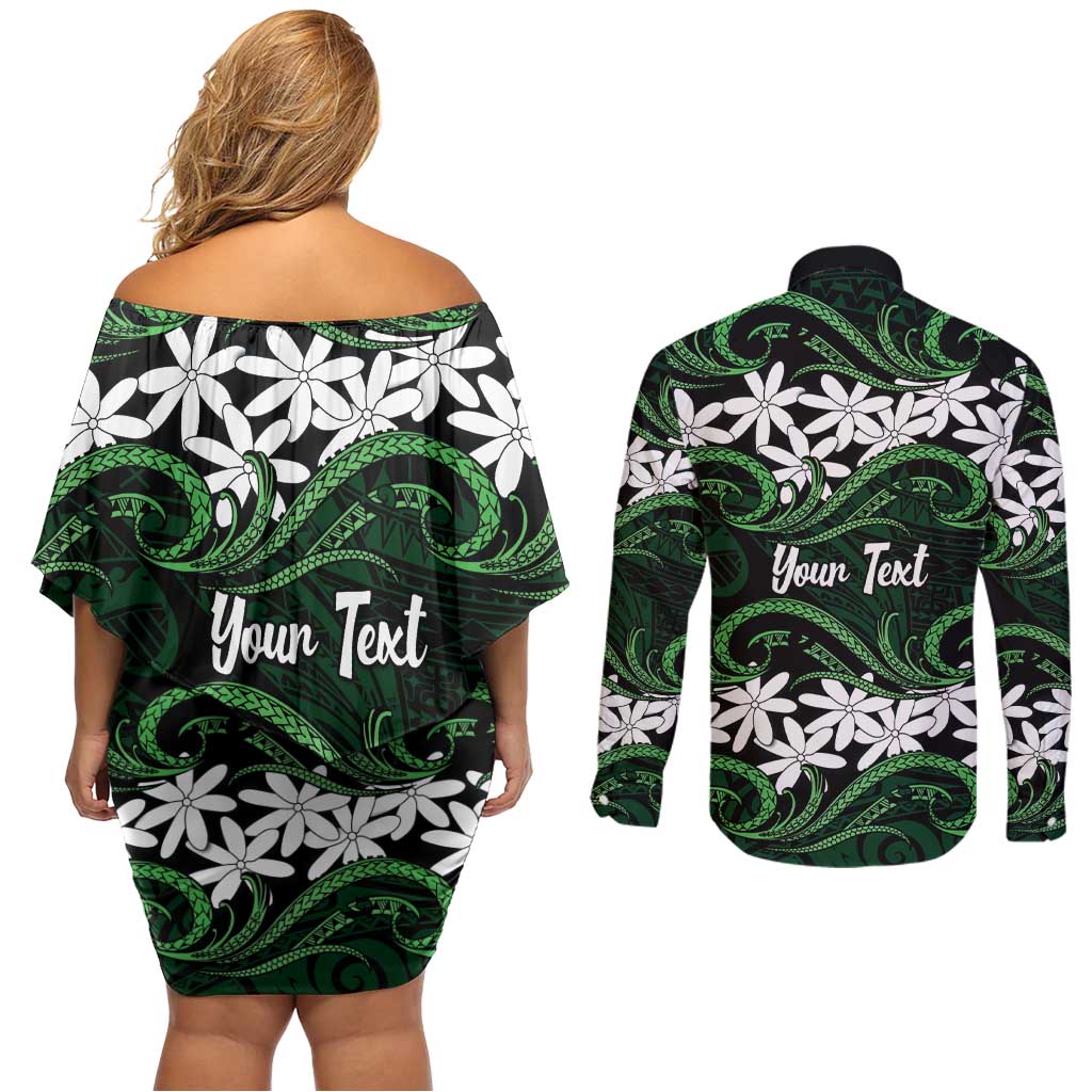 Personalised Cook Islands Mitiaro Couples Matching Off Shoulder Short Dress and Long Sleeve Button Shirt Tiare Maori Polynesian Waves Tattoo LT14 - Polynesian Pride