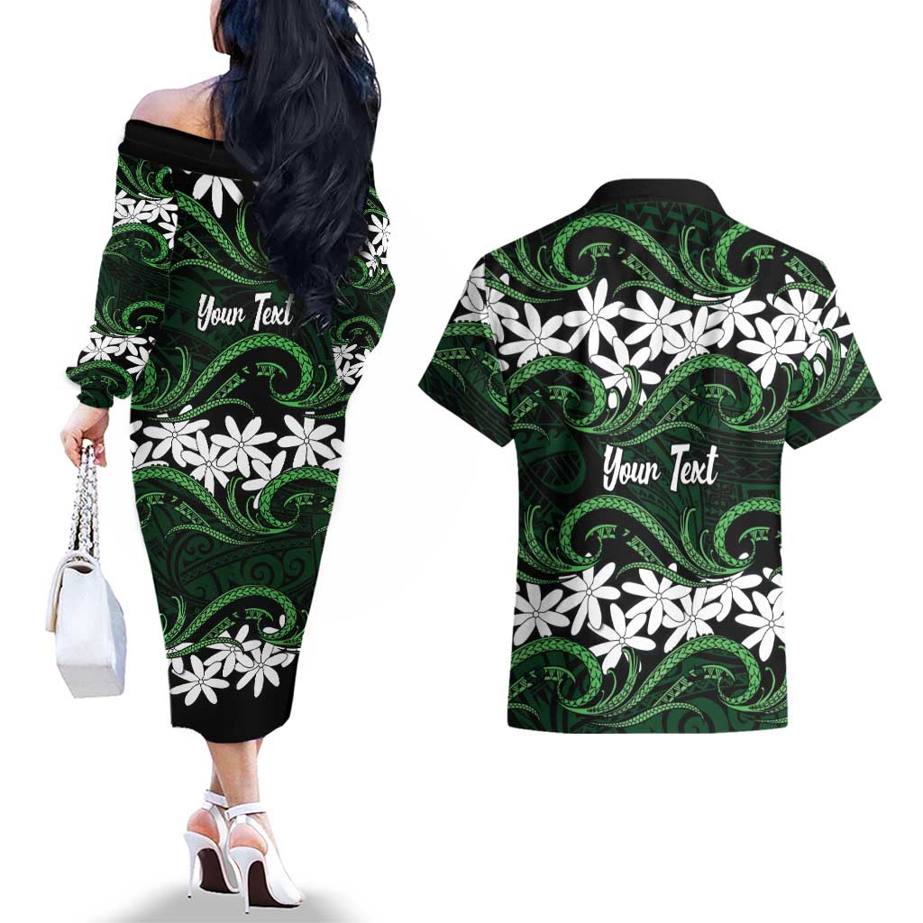 Personalised Cook Islands Mitiaro Couples Matching Off The Shoulder Long Sleeve Dress and Hawaiian Shirt Tiare Maori Polynesian Waves Tattoo LT14 - Polynesian Pride