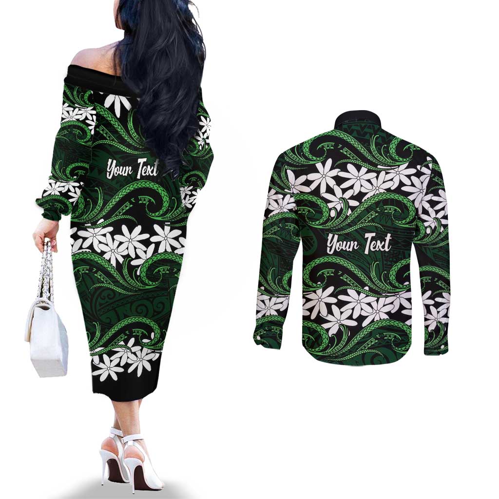 Personalised Cook Islands Mitiaro Couples Matching Off The Shoulder Long Sleeve Dress and Long Sleeve Button Shirt Tiare Maori Polynesian Waves Tattoo LT14 - Polynesian Pride