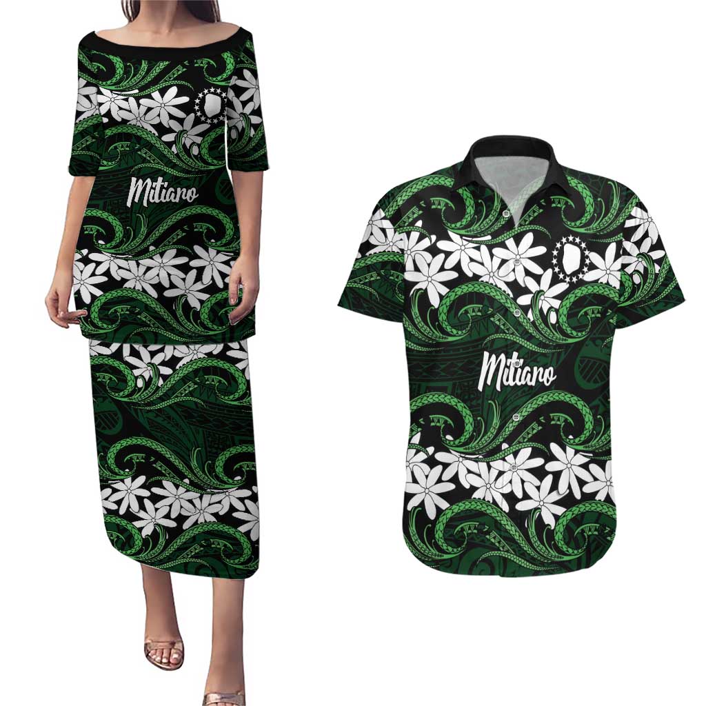 Personalised Cook Islands Mitiaro Couples Matching Puletasi and Hawaiian Shirt Tiare Maori Polynesian Waves Tattoo LT14 Green - Polynesian Pride