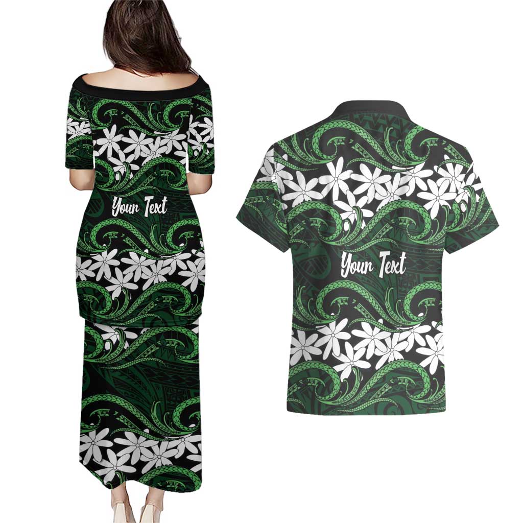 Personalised Cook Islands Mitiaro Couples Matching Puletasi and Hawaiian Shirt Tiare Maori Polynesian Waves Tattoo LT14 - Polynesian Pride