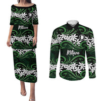 Personalised Cook Islands Mitiaro Couples Matching Puletasi and Long Sleeve Button Shirt Tiare Maori Polynesian Waves Tattoo
