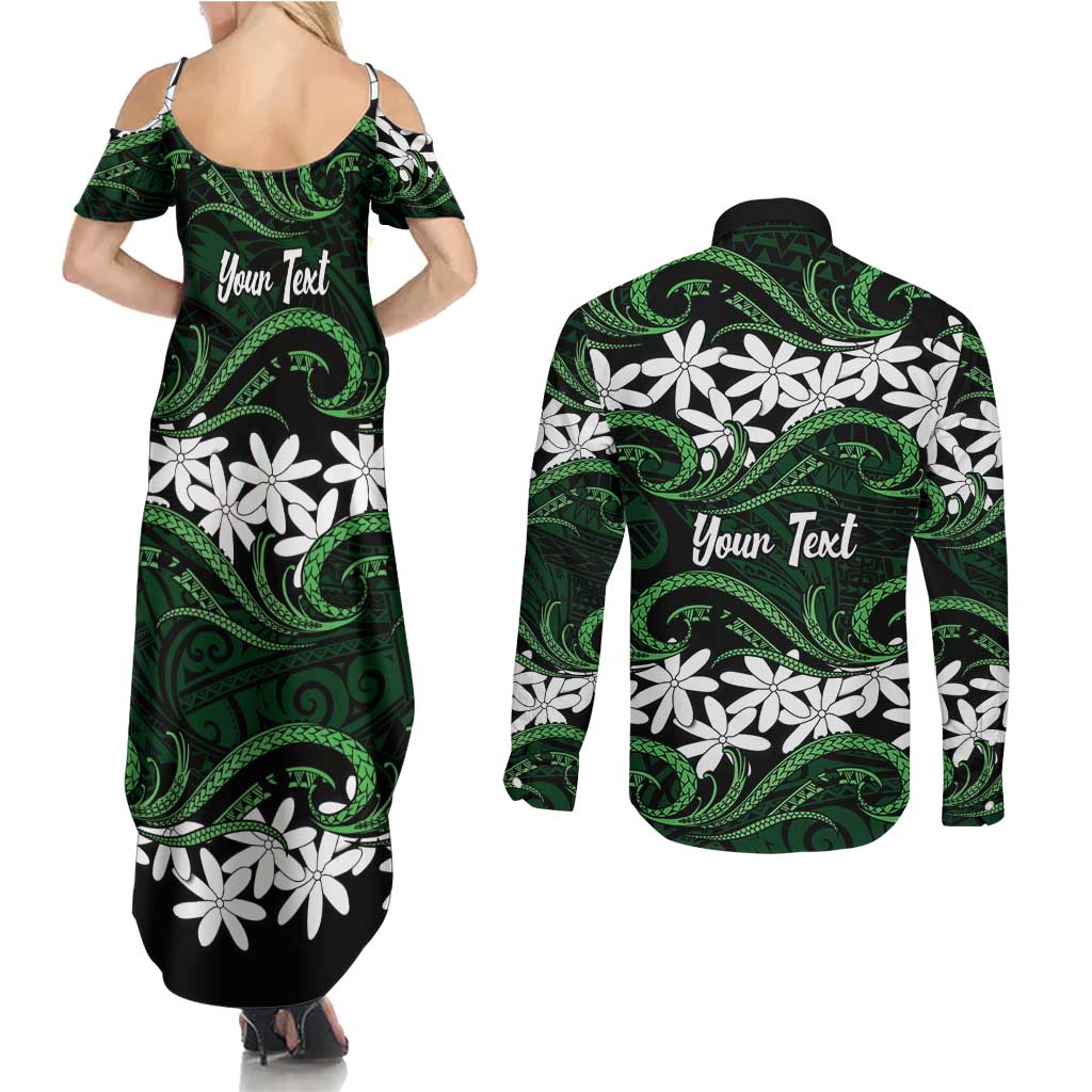 Personalised Cook Islands Mitiaro Couples Matching Summer Maxi Dress and Long Sleeve Button Shirt Tiare Maori Polynesian Waves Tattoo LT14 - Polynesian Pride