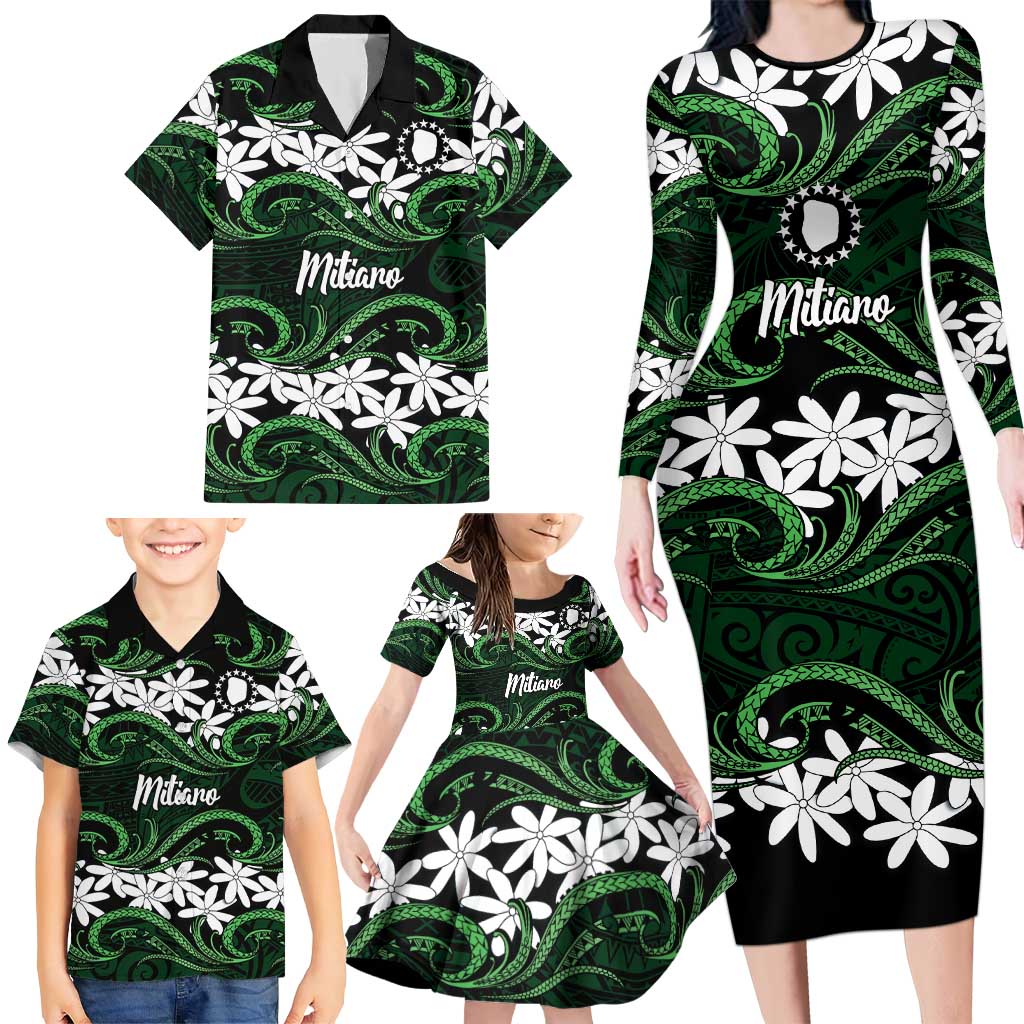 Personalised Cook Islands Mitiaro Family Matching Long Sleeve Bodycon Dress and Hawaiian Shirt Tiare Maori Polynesian Waves Tattoo