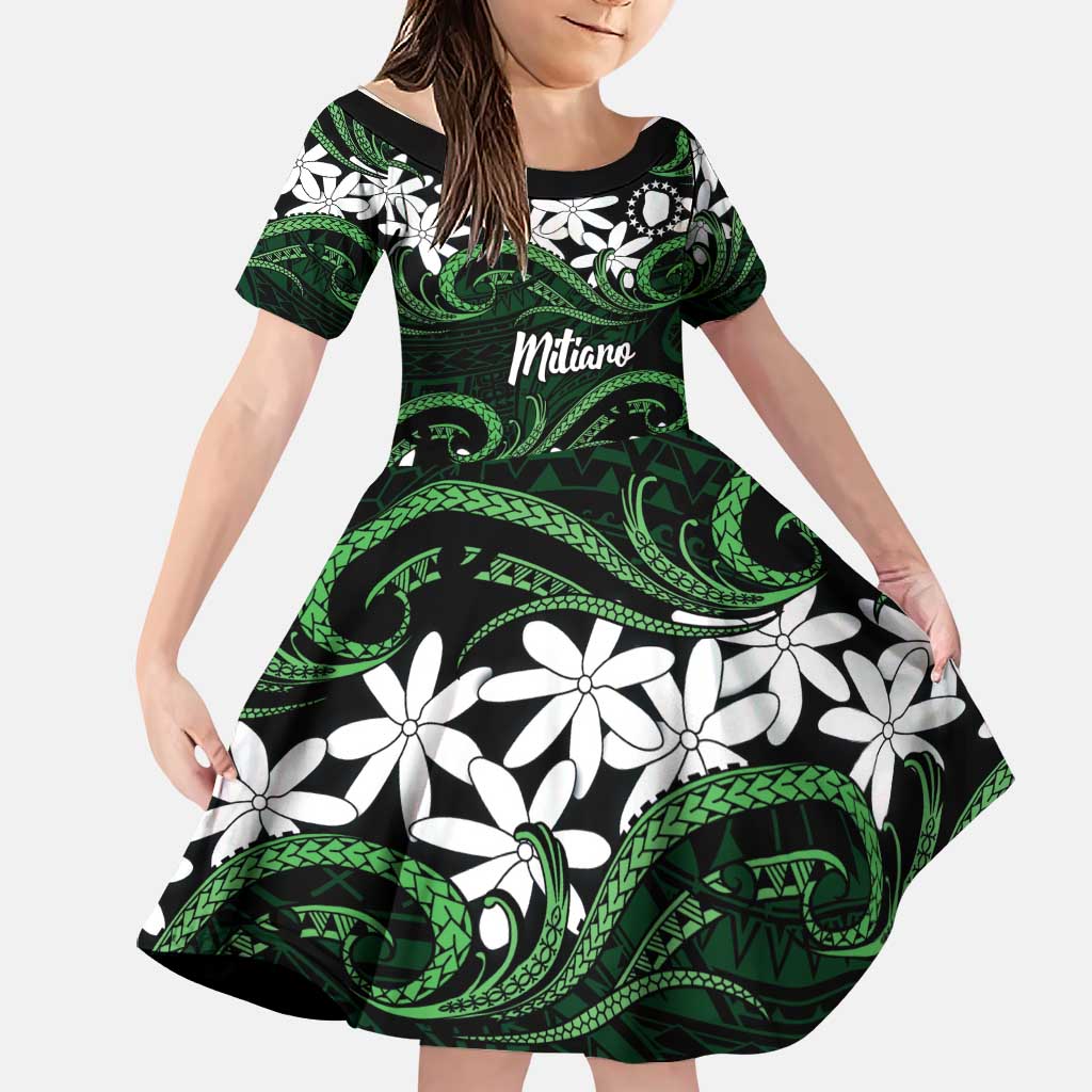 Personalised Cook Islands Mitiaro Family Matching Mermaid Dress and Hawaiian Shirt Tiare Maori Polynesian Waves Tattoo LT14 Daughter's Dress Green - Polynesian Pride