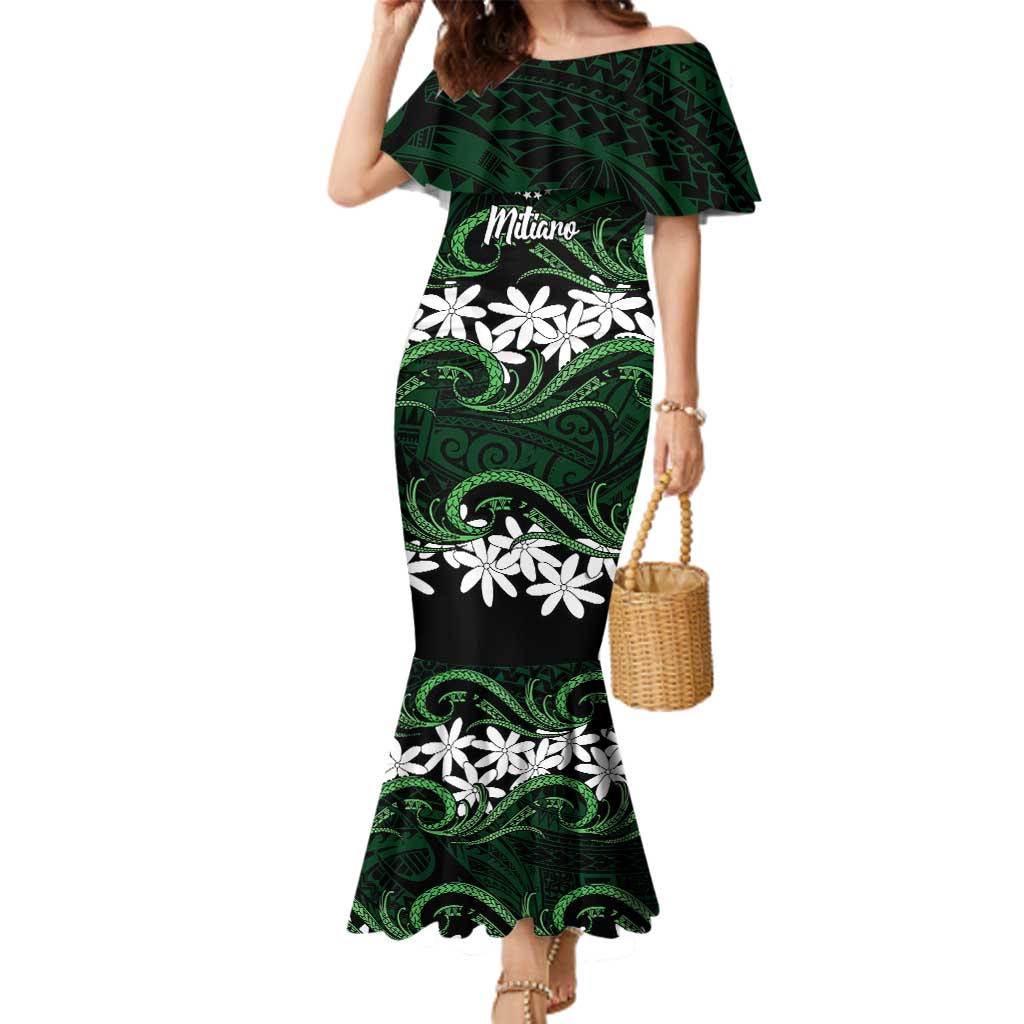 Personalised Cook Islands Mitiaro Family Matching Mermaid Dress and Hawaiian Shirt Tiare Maori Polynesian Waves Tattoo LT14 Mom's Dress Green - Polynesian Pride