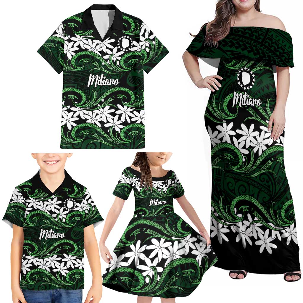 Personalised Cook Islands Mitiaro Family Matching Off Shoulder Maxi Dress and Hawaiian Shirt Tiare Maori Polynesian Waves Tattoo LT14 - Polynesian Pride
