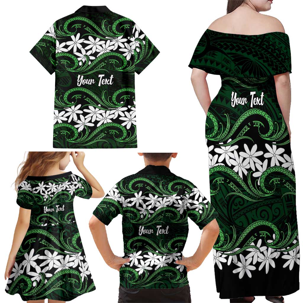 Personalised Cook Islands Mitiaro Family Matching Off Shoulder Maxi Dress and Hawaiian Shirt Tiare Maori Polynesian Waves Tattoo LT14 - Polynesian Pride