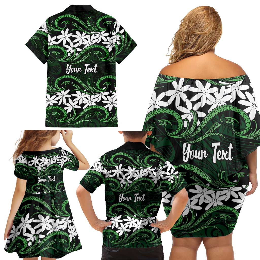 Personalised Cook Islands Mitiaro Family Matching Off Shoulder Short Dress and Hawaiian Shirt Tiare Maori Polynesian Waves Tattoo LT14 - Polynesian Pride