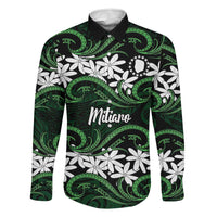 Personalised Cook Islands Mitiaro Family Matching Off Shoulder Short Dress and Hawaiian Shirt Tiare Maori Polynesian Waves Tattoo LT14 Dad's Shirt - Long Sleeve Green - Polynesian Pride