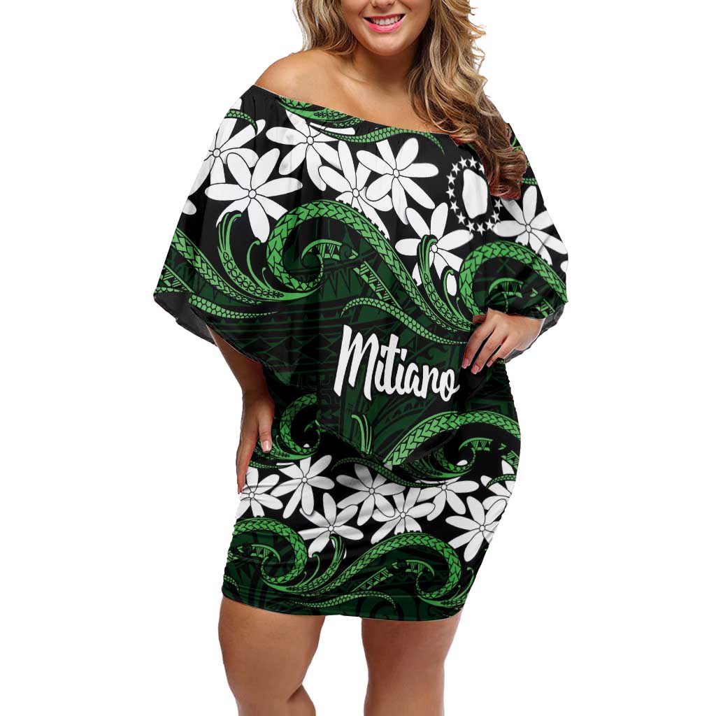 Personalised Cook Islands Mitiaro Family Matching Off Shoulder Short Dress and Hawaiian Shirt Tiare Maori Polynesian Waves Tattoo LT14 Mom's Dress Green - Polynesian Pride