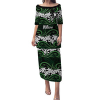 Personalised Cook Islands Mitiaro Family Matching Puletasi and Hawaiian Shirt Tiare Maori Polynesian Waves Tattoo LT14 Mom's Dress Green - Polynesian Pride