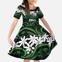 Personalised Cook Islands Mitiaro Family Matching Short Sleeve Bodycon Dress and Hawaiian Shirt Tiare Maori Polynesian Waves Tattoo LT14 Daughter's Dress Green - Polynesian Pride