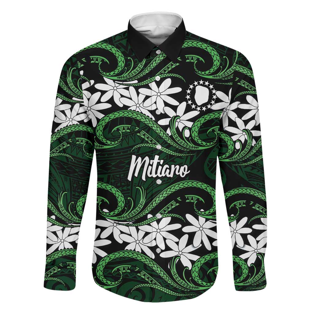 Personalised Cook Islands Mitiaro Family Matching Summer Maxi Dress and Hawaiian Shirt Tiare Maori Polynesian Waves Tattoo LT14 Dad's Shirt - Long Sleeve Green - Polynesian Pride