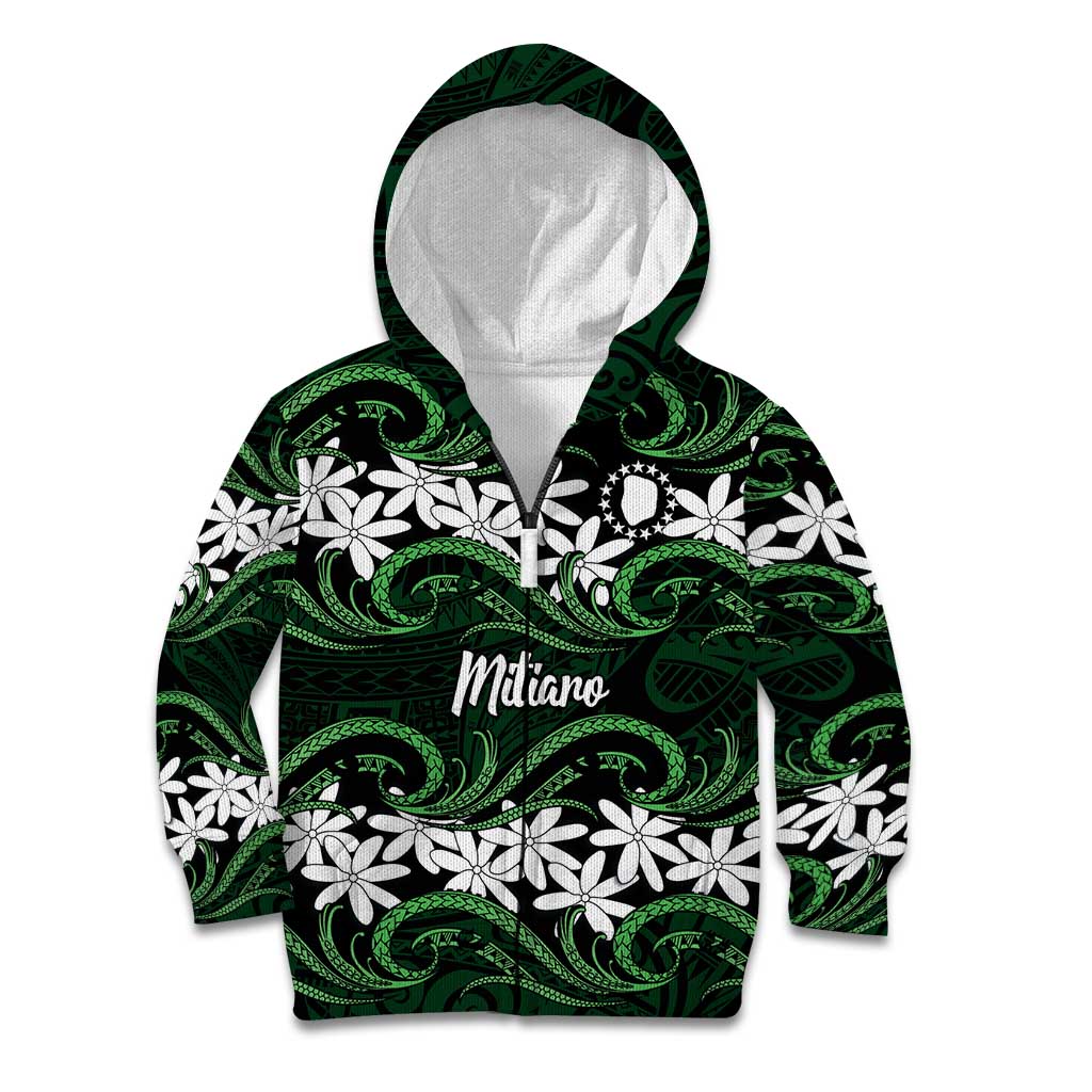 Personalised Cook Islands Mitiaro Kid Hoodie Tiare Maori Polynesian Waves Tattoo LT14 Zip Hoodie Green - Polynesian Pride