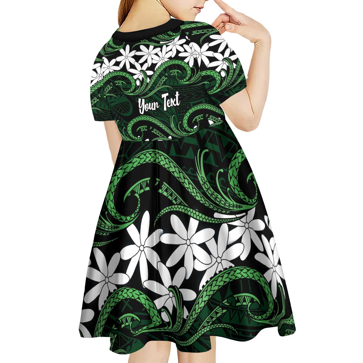Personalised Cook Islands Mitiaro Kid Short Sleeve Dress Tiare Maori Polynesian Waves Tattoo