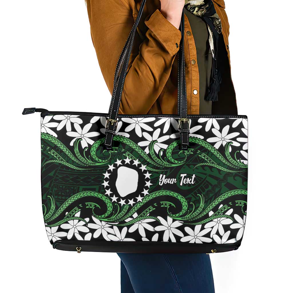 Personalised Cook Islands Mitiaro Leather Tote Bag Tiare Maori Polynesian Waves Tattoo