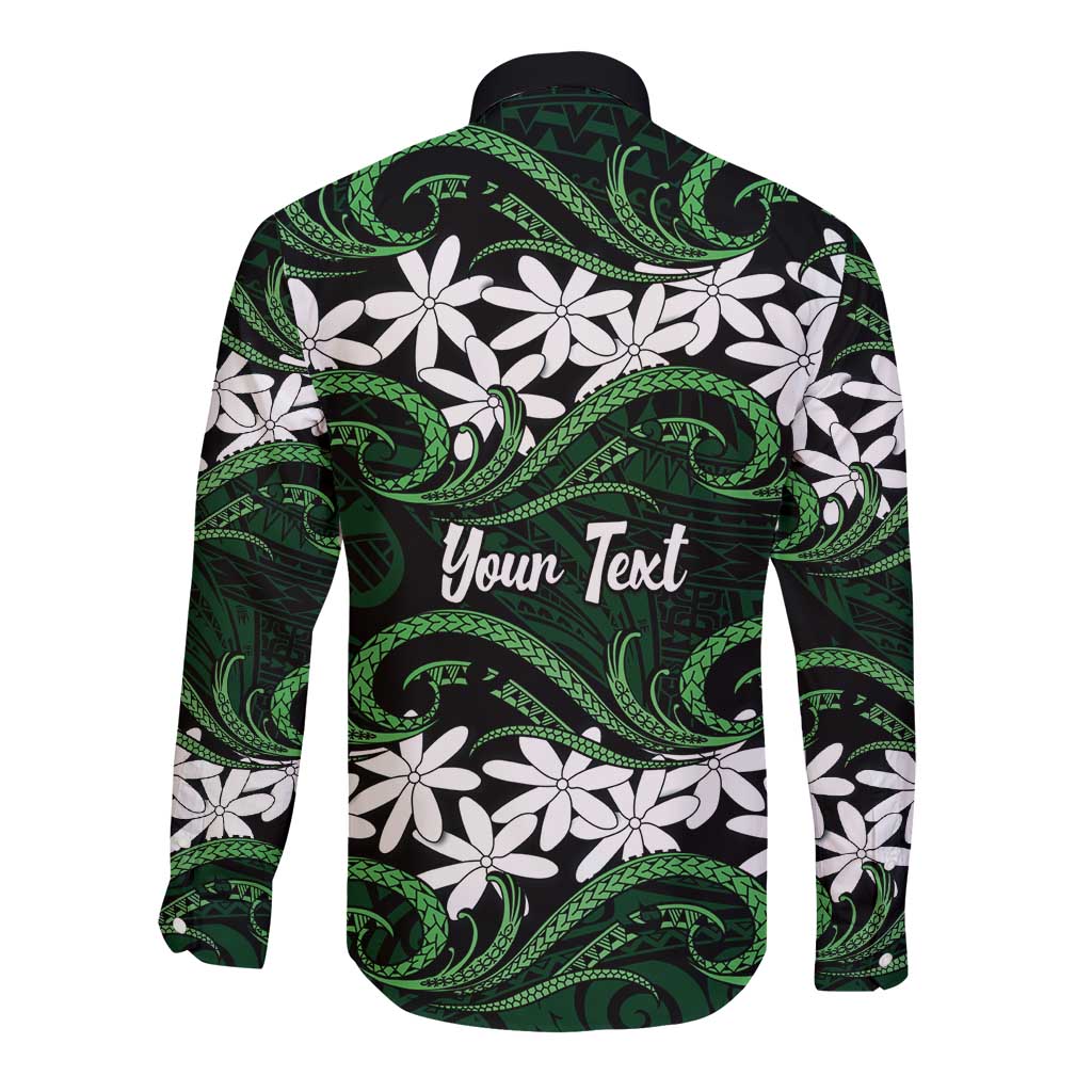 Personalised Cook Islands Mitiaro Long Sleeve Button Shirt Tiare Maori Polynesian Waves Tattoo