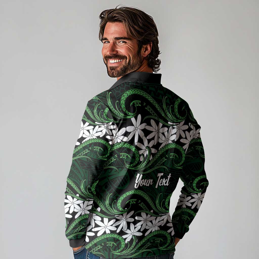 Personalised Cook Islands Mitiaro Long Sleeve Polo Shirt Tiare Maori Polynesian Waves Tattoo