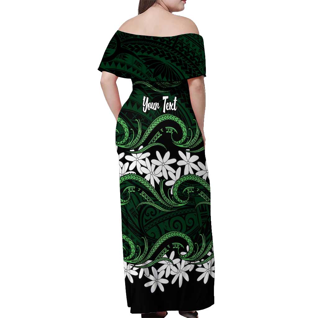 Personalised Cook Islands Mitiaro Off Shoulder Maxi Dress Tiare Maori Polynesian Waves Tattoo