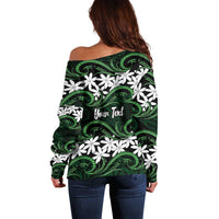 Personalised Cook Islands Mitiaro Off Shoulder Sweater Tiare Maori Polynesian Waves Tattoo