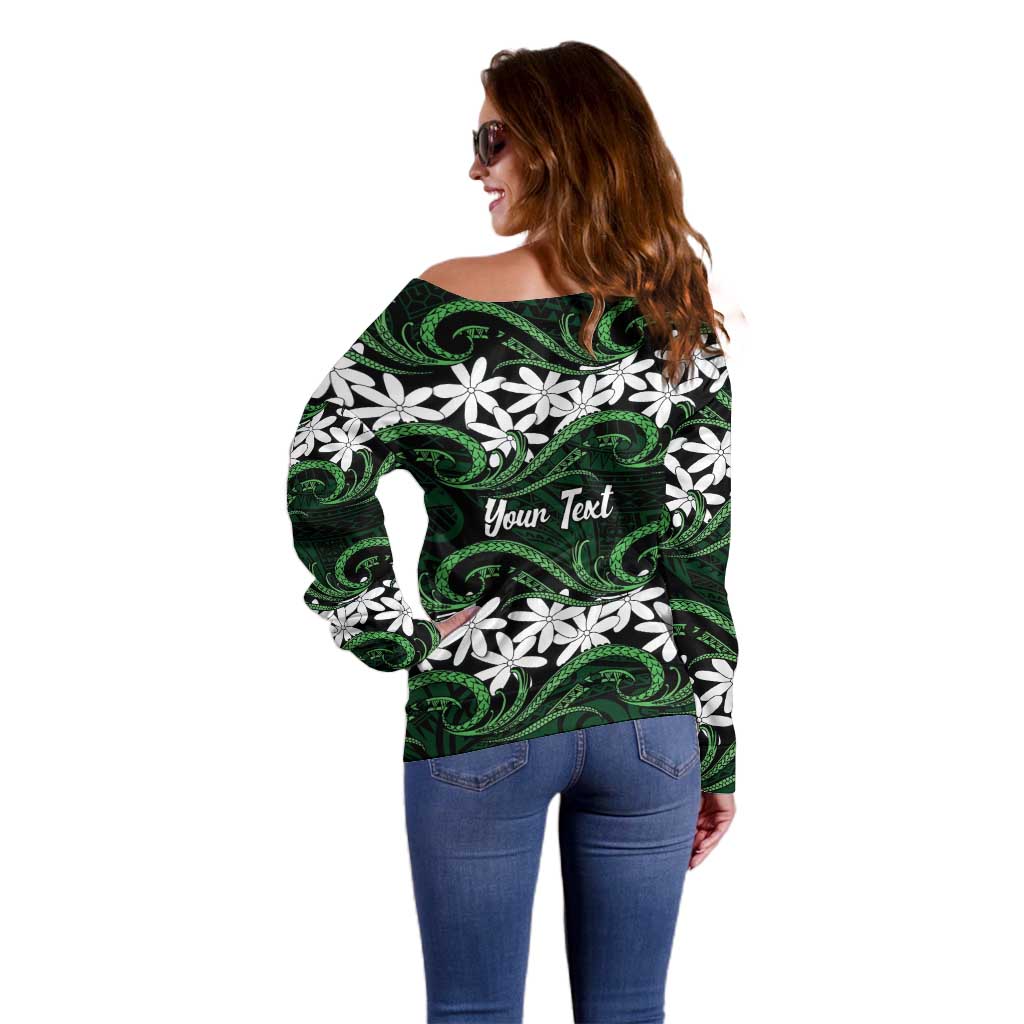 Personalised Cook Islands Mitiaro Off Shoulder Sweater Tiare Maori Polynesian Waves Tattoo
