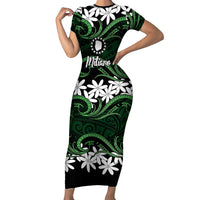 Personalised Cook Islands Mitiaro Short Sleeve Bodycon Dress Tiare Maori Polynesian Waves Tattoo