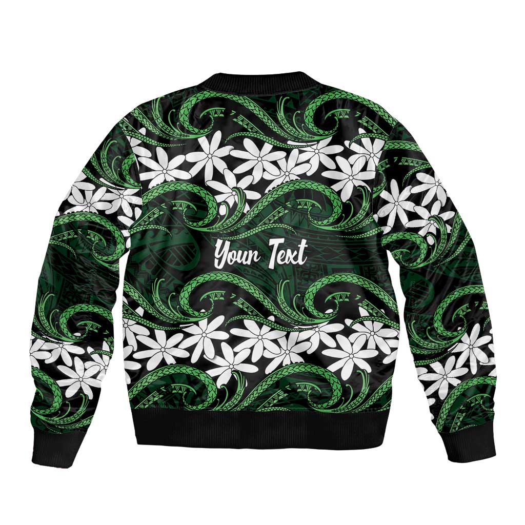 Personalised Cook Islands Mitiaro Sleeve Zip Bomber Jacket Tiare Maori Polynesian Waves Tattoo