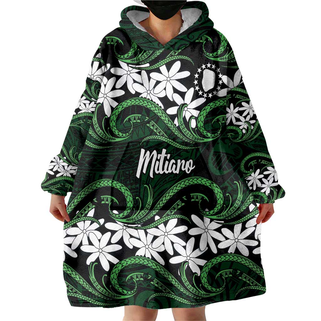 Personalised Cook Islands Mitiaro Wearable Blanket Hoodie Tiare Maori Polynesian Waves Tattoo